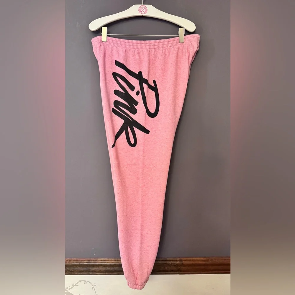 VS PINK VINTAGE 2013 Y2K SKINNY JOGGER SWEATPANTS SPECKLED PINK SCRIPT LOGO HTF - Picture 2 of 8